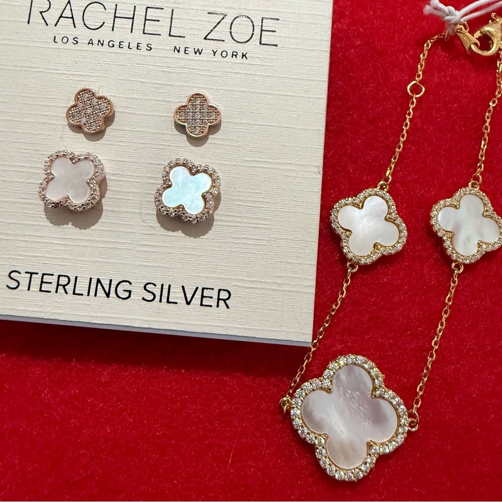 Rachel Zoe 18K Gold Sterling Silver CZ and MOP Bracelet + Rose Gold Earrings Set
